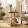 Round 2-tier side table with walnut finish, tempered glass top, and acacia wood legs, perfect for living room.
