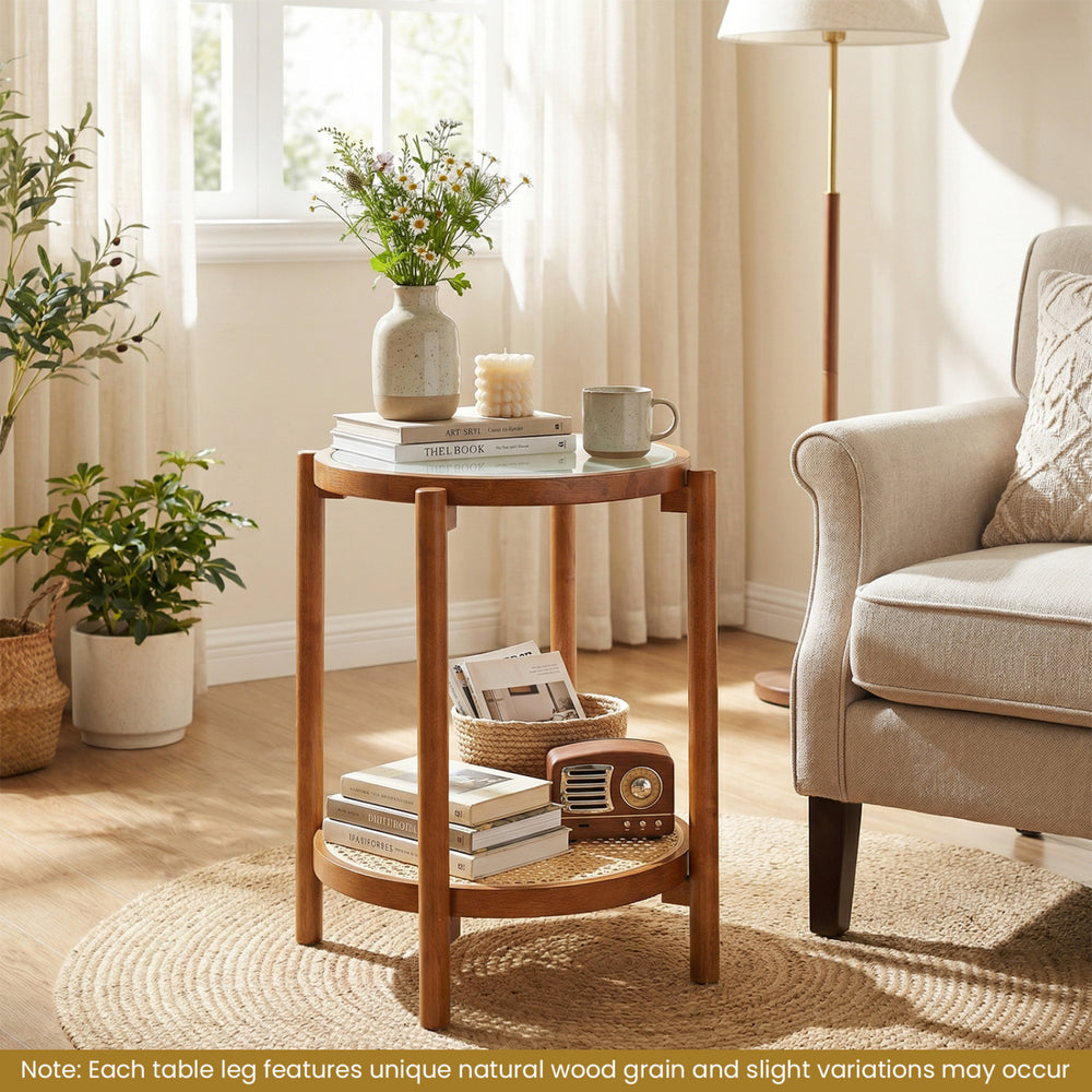 Round 2-tier side table with walnut finish, tempered glass top, and acacia wood legs, perfect for living room.