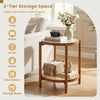 Round 2-tier side table with tempered glass top and acacia wood legs, perfect for organizing items in any room.