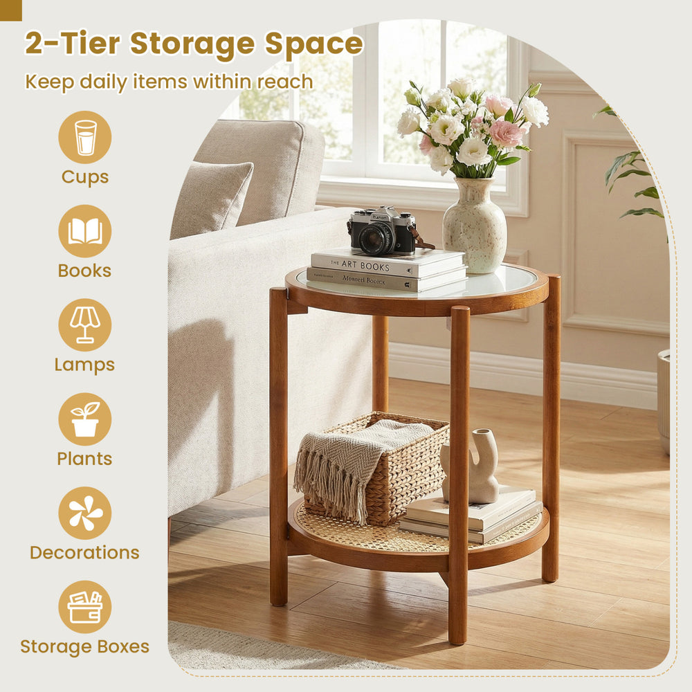 Round 2-tier side table with tempered glass top and acacia wood legs, perfect for organizing items in any room.