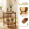 Round side table with tempered glass top and acacia wood legs, featuring 2-tier storage for living room or office use.
