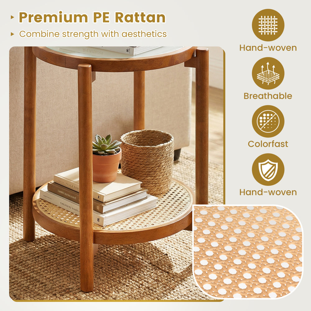 Round side table with tempered glass top and premium PE rattan shelf, perfect for living room or bedroom organization.