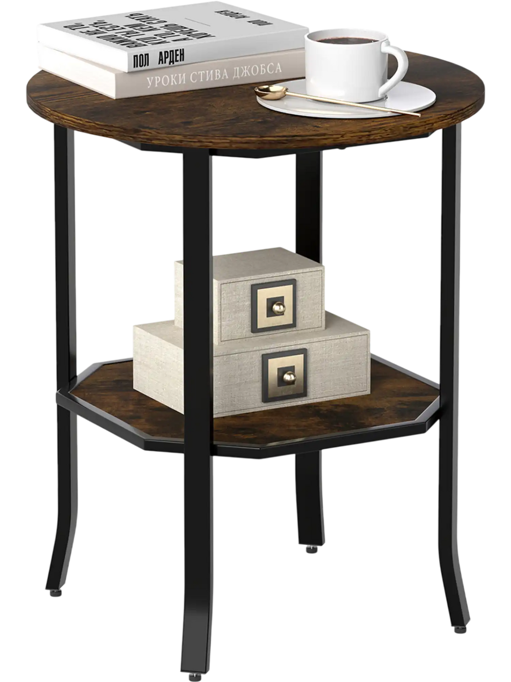 Round side table in rustic brown with a storage shelf, perfect as a nightstand or end table for small spaces.