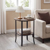 Round side table in rustic brown with a storage shelf, perfect as a nightstand for small spaces.