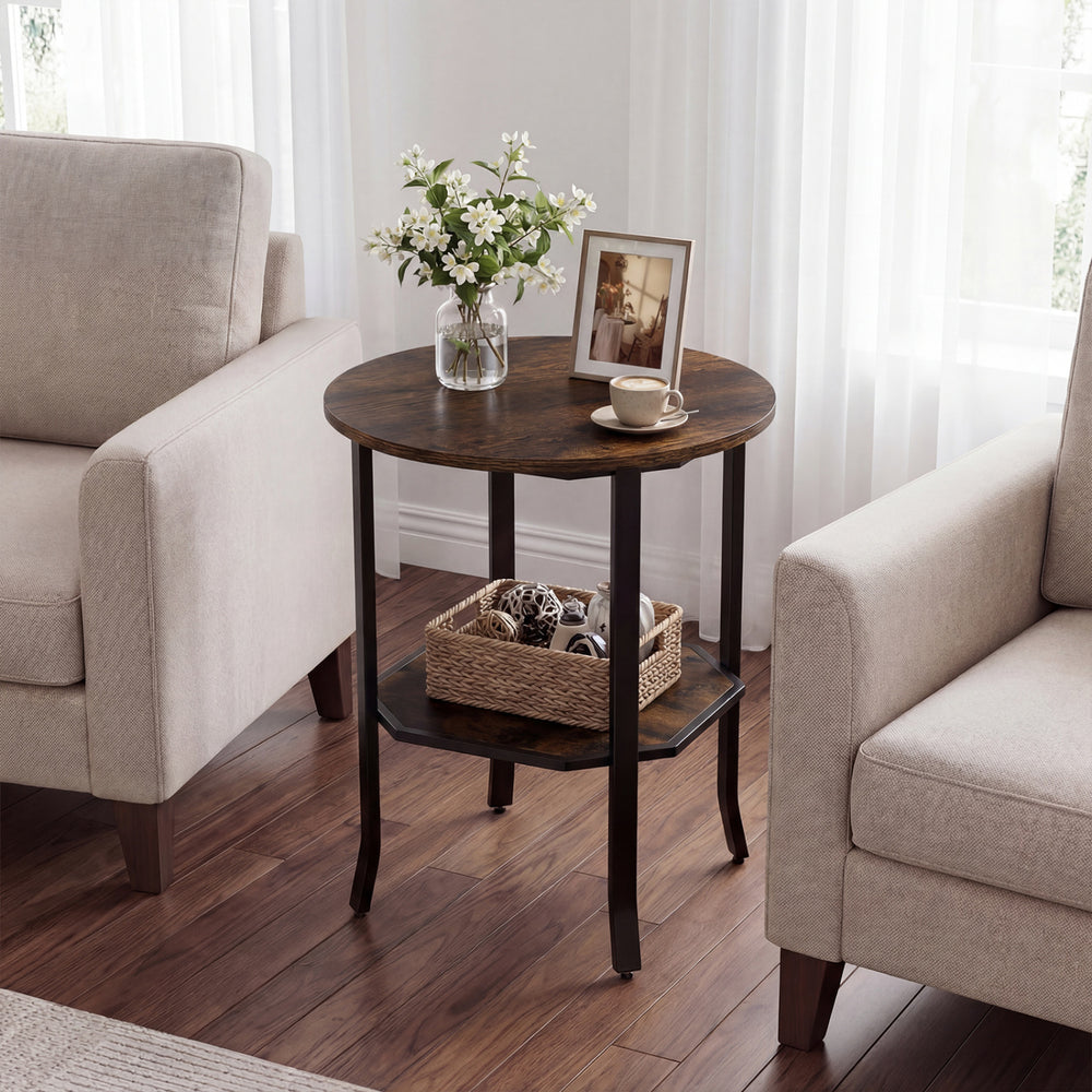 Round side table in rustic brown with a storage shelf, perfect for small spaces and versatile for any room.