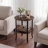 Round side table in rustic brown with a storage shelf, perfect for small spaces and versatile for any room.