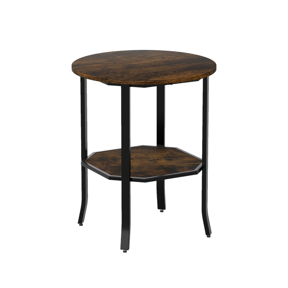 Round side table in rustic brown with a 2-tier design, featuring a storage shelf and carbon steel support for stability.