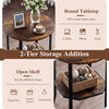 Round side table in rustic brown with a 2-tier design, featuring a round tabletop and open shelf for additional storage.