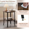 Round side table in rustic brown with a storage shelf, carbon steel structure, and adjustable foot pads for stability.