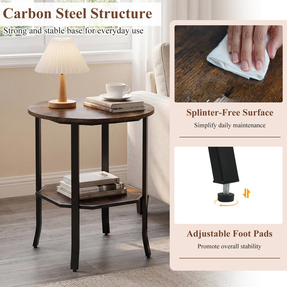 Round side table in rustic brown with a storage shelf, carbon steel structure, and adjustable foot pads for stability.
