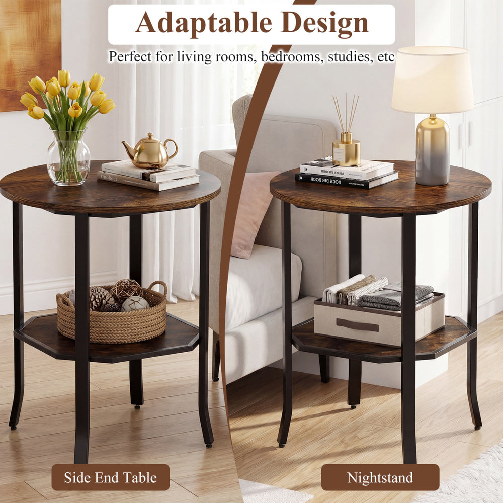 Round side table in rustic brown with storage shelf, ideal as an end table or nightstand for small spaces.