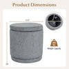 Round gray storage ottoman with removable lid, acacia wood frame, 400 lbs capacity, ideal for seating and storage.