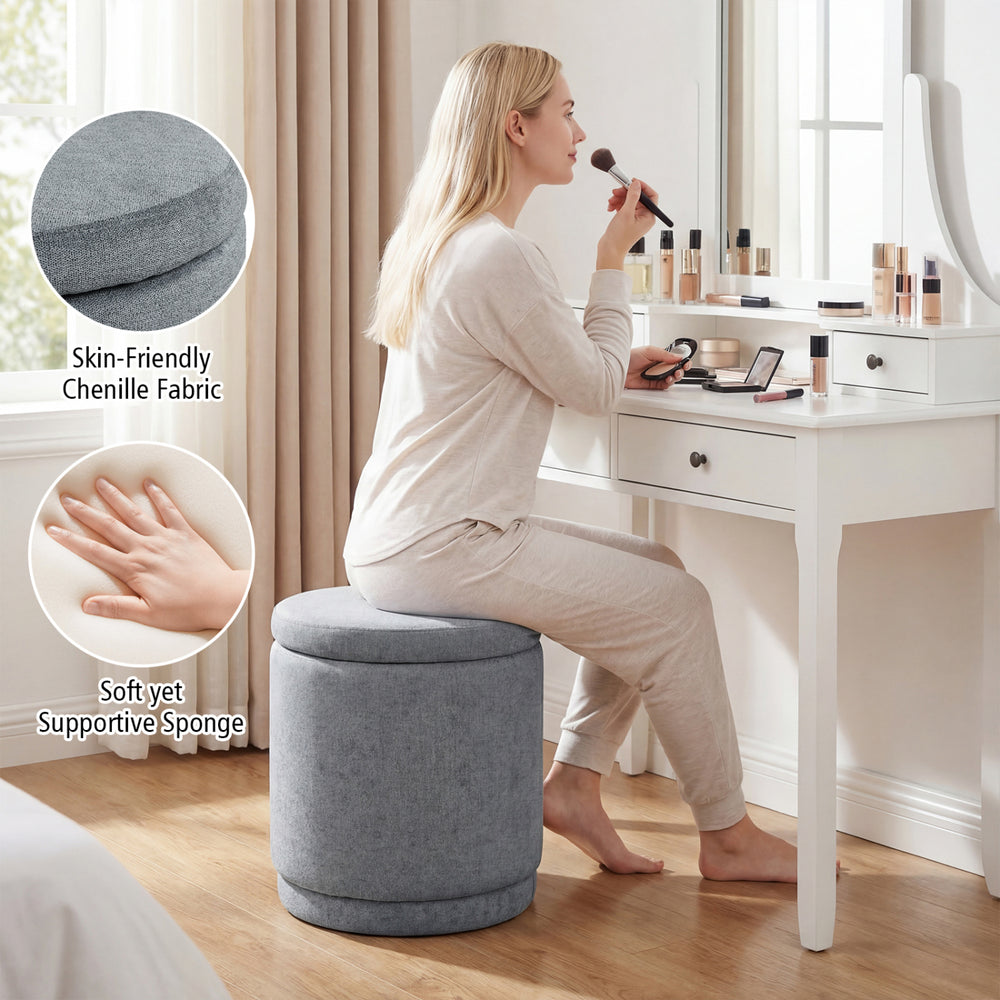 Round gray storage ottoman with removable lid, soft chenille fabric, and acacia wood frame for versatile use.