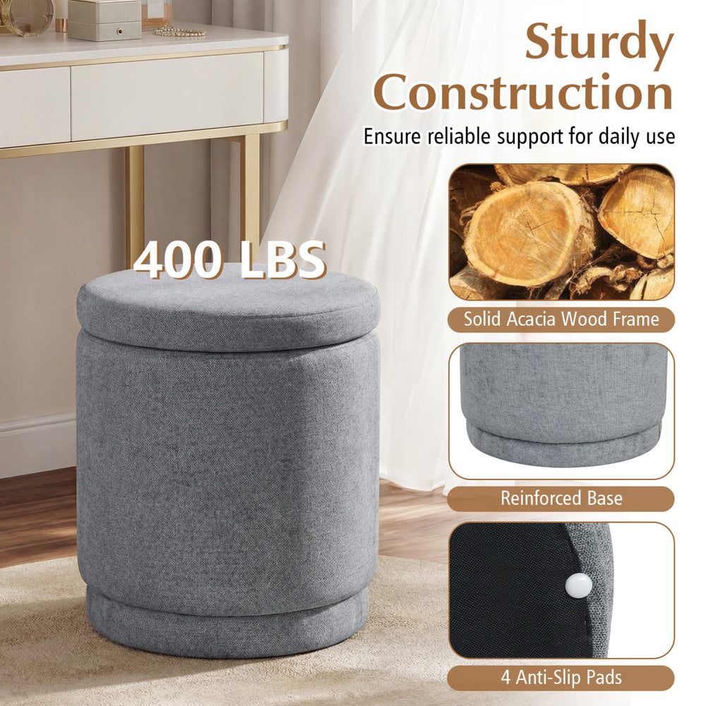 Round gray storage ottoman with removable lid, solid acacia wood frame, supports 400 lbs, ideal for footrest or side.