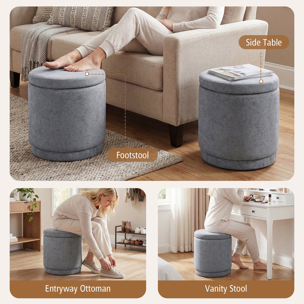 Round gray storage ottoman with removable lid, acacia wood frame, ideal as a footstool or side table for versatile use.