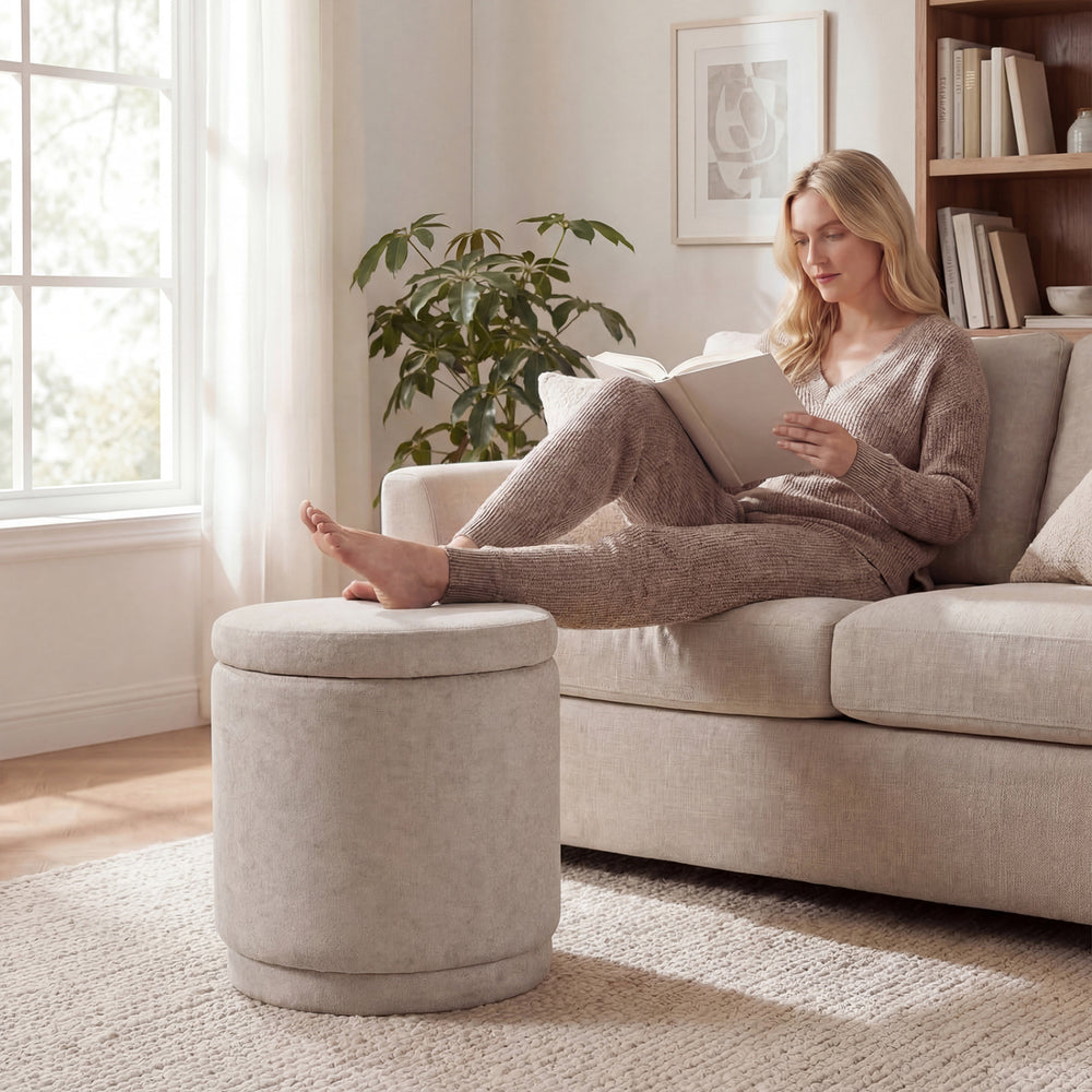 Round Storage Ottoman Foot Rest with Removable Lid and Acacia Wood Frame-Beige - Gallery View 1 of 11