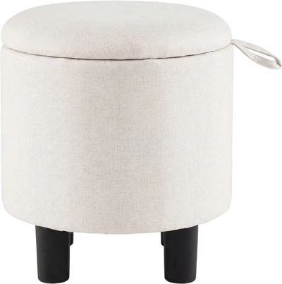 Costway Round Storage Ottoman Linen Upholstered Footrest Stool 11012269 New