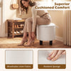 Round beige storage ottoman with breathable linen fabric, removable lid, and sponge filling for comfort in any room.