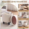 Round beige storage ottoman with removable reversible lid, serving as a footrest or side table, ideal for modern living.