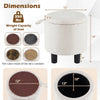 Round beige storage ottoman with removable lid, sturdy wooden frame, and ample space for blankets or books.