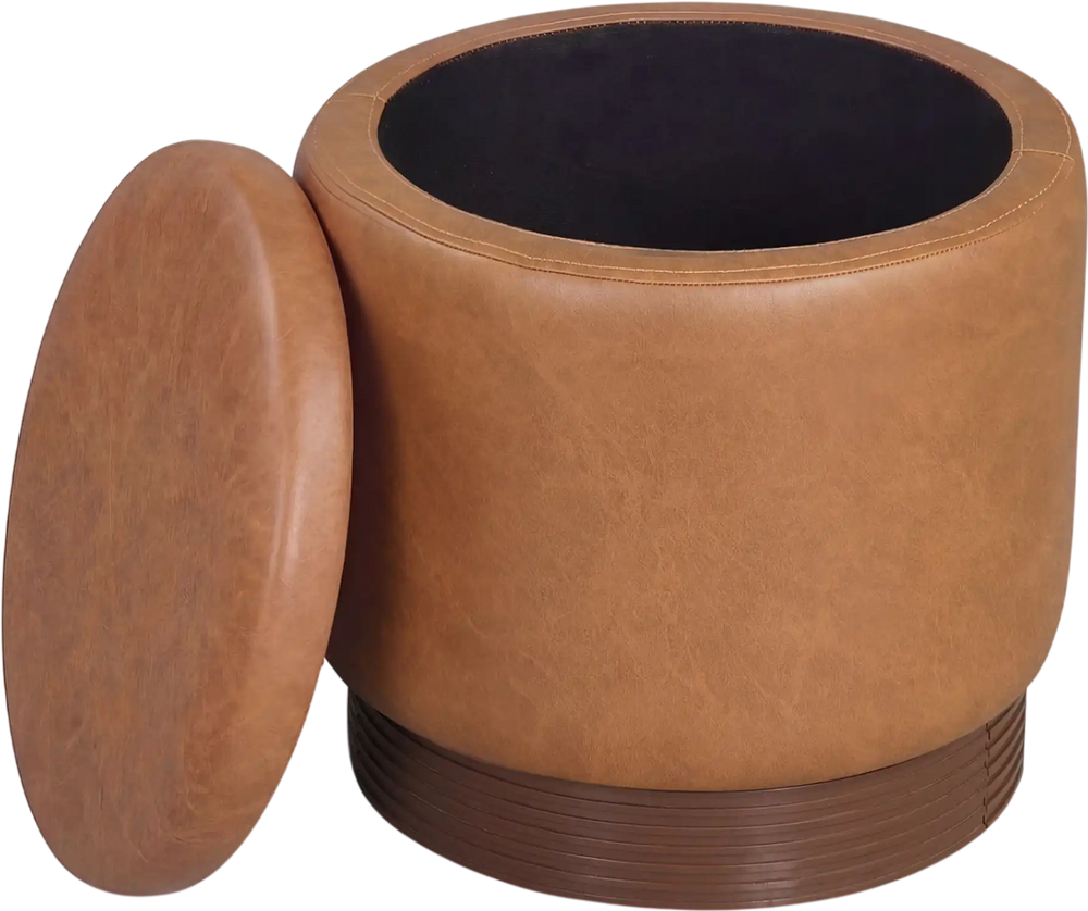 Round storage ottoman in brown faux leather with acacia wood frame, featuring a hidden storage compartment and 360°.