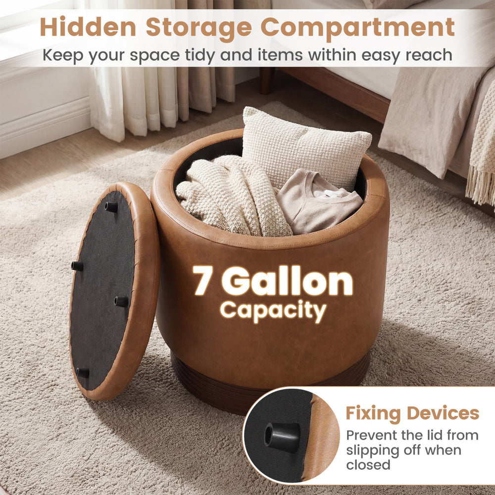 Round storage ottoman in brown with acacia wood frame, featuring a hidden storage compartment and 7-gallon capacity.