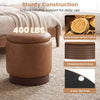 Round storage ottoman in brown with acacia wood frame, 360° swivel, and hidden storage for living room convenience.