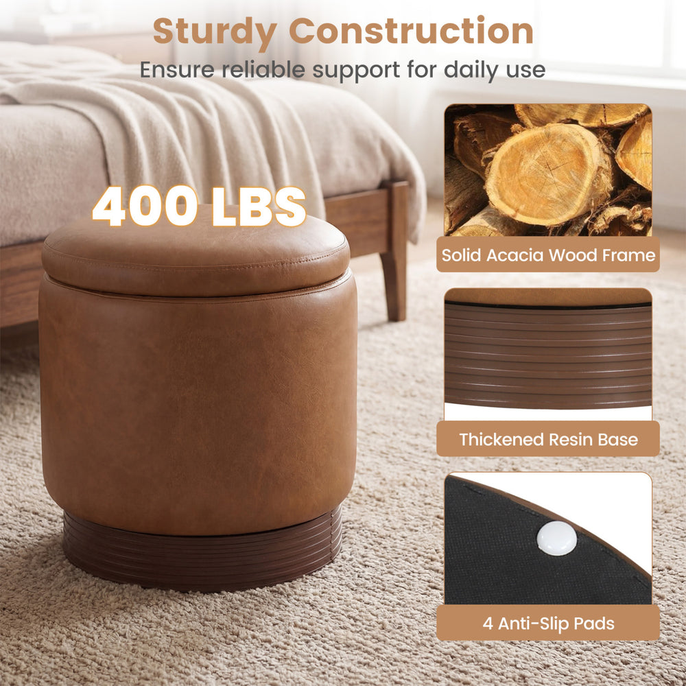 Round storage ottoman in brown with acacia wood frame, 360° swivel, and hidden storage for living room convenience.