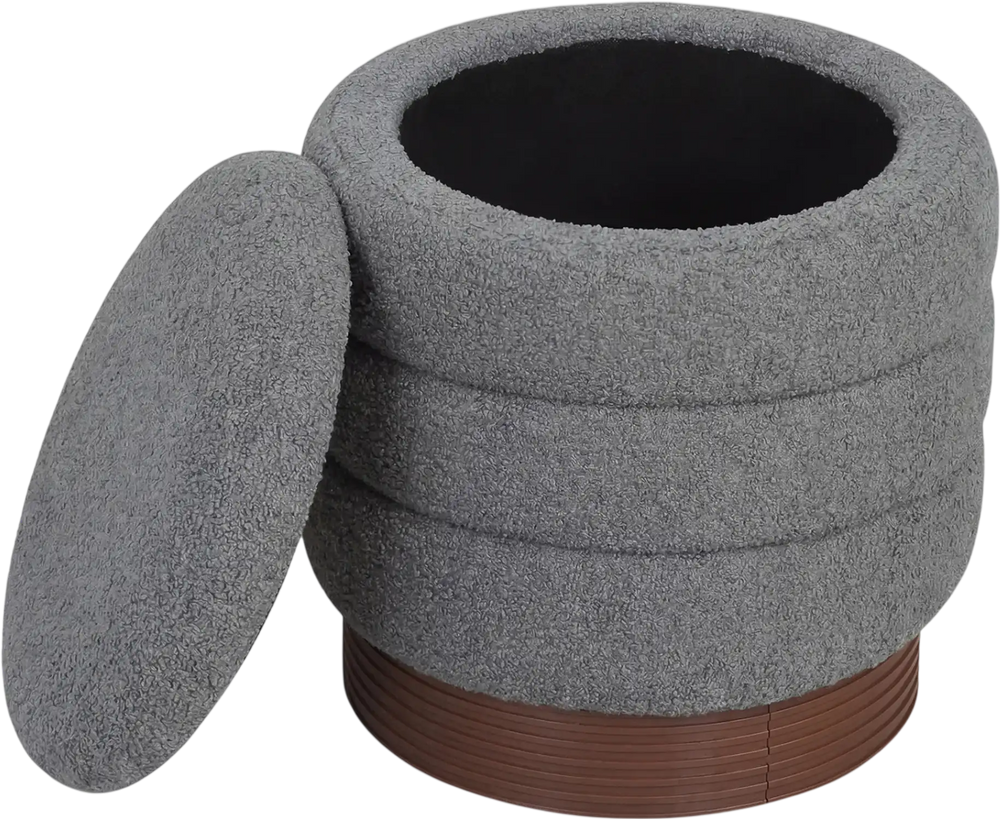 Round gray storage ottoman with acacia wood frame, featuring hidden storage and 360° swivel for versatile living room.