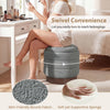 Round gray storage ottoman with acacia wood frame, featuring 360° swivel and hidden storage for versatile living room.