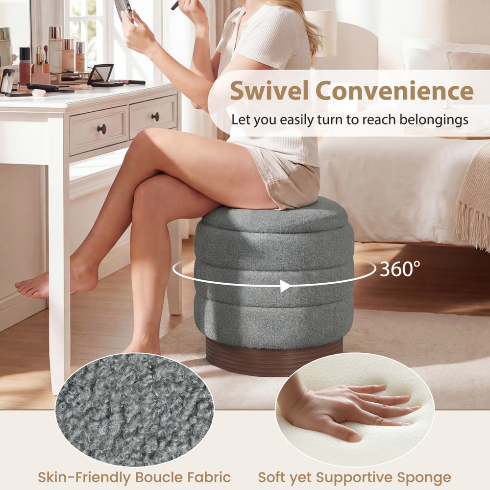 Round gray storage ottoman with acacia wood frame, featuring 360° swivel and hidden storage for versatile living room.