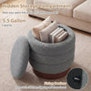 Round gray storage ottoman with acacia wood frame, featuring a hidden compartment and 360° swivel for easy access.