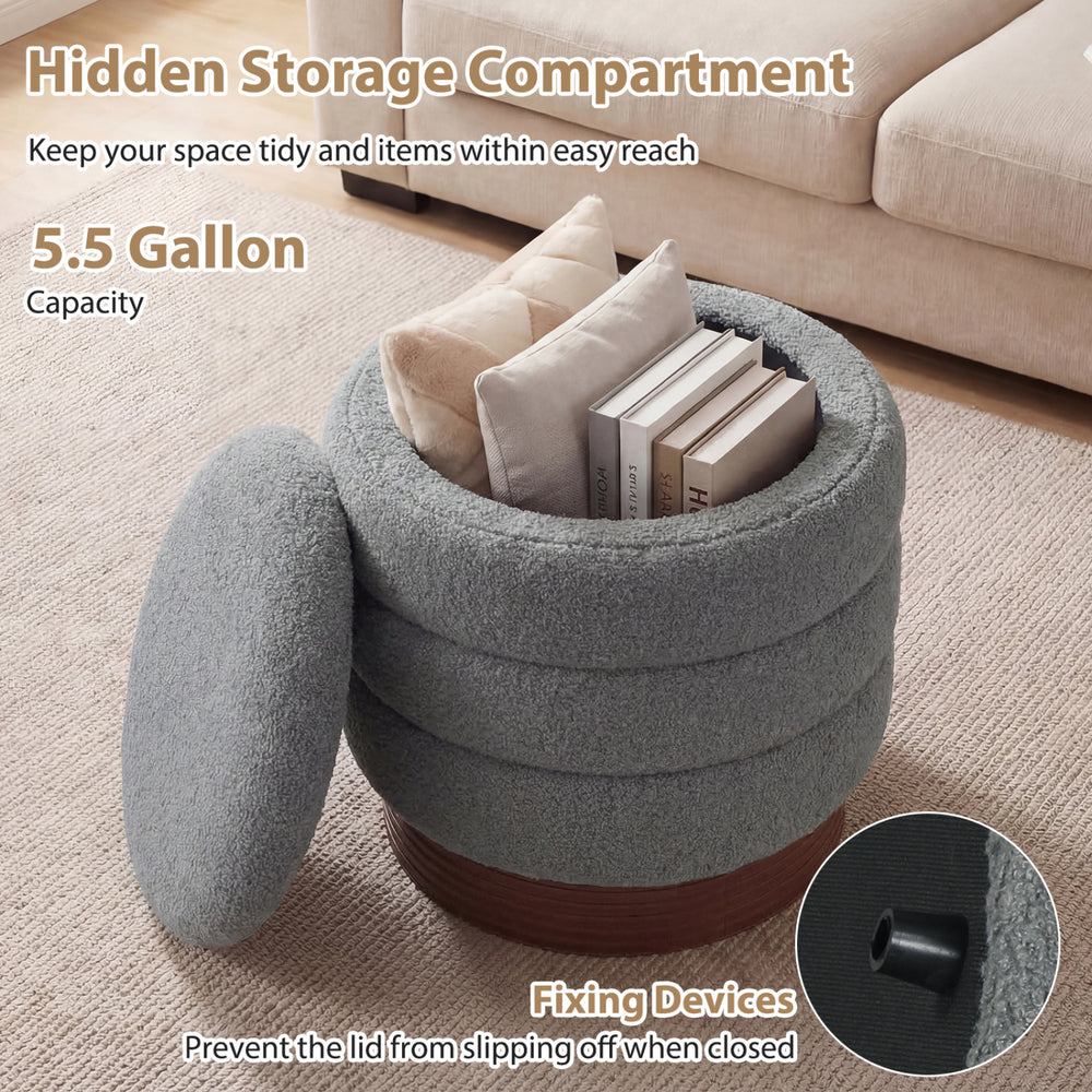 Round gray storage ottoman with acacia wood frame, featuring a hidden compartment and 360° swivel for easy access.