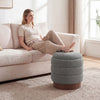 Round gray storage ottoman with acacia wood frame, featuring 360° swivel and hidden storage for living room convenience.