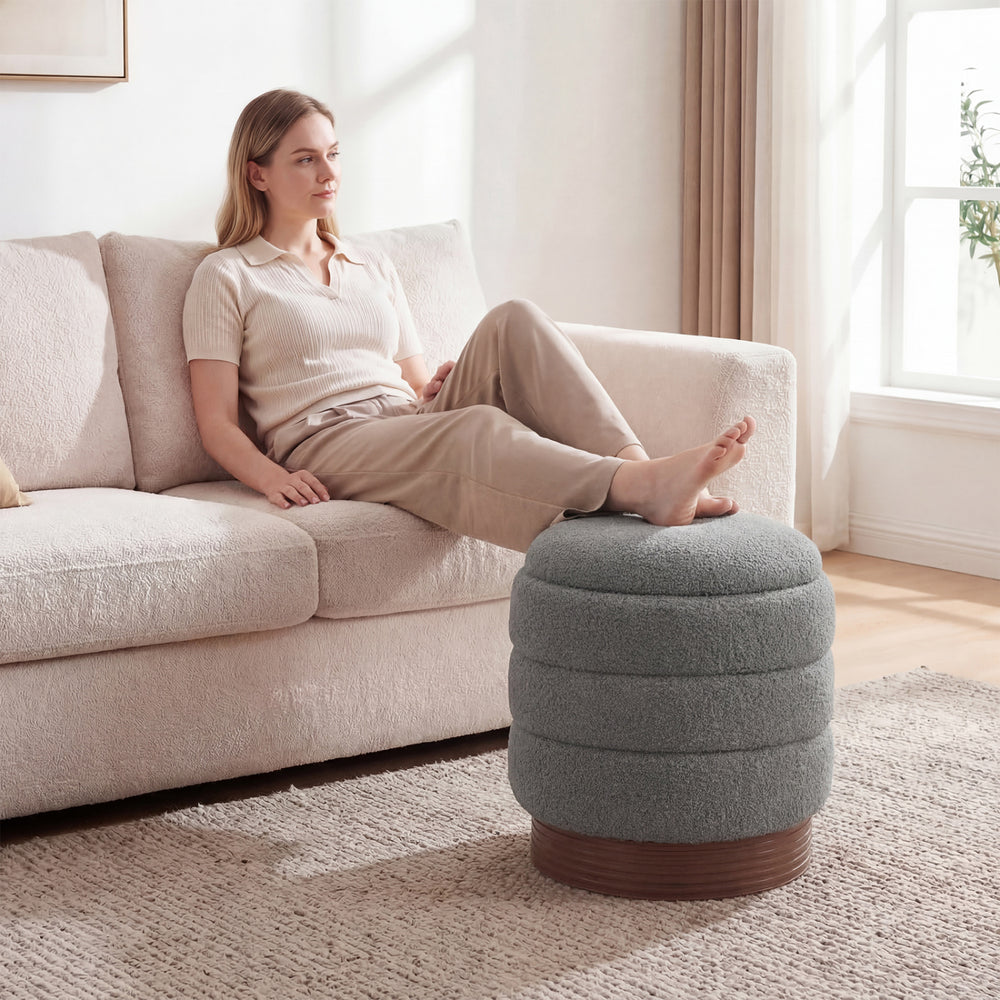 Round Storage Ottoman with Acacia Wood Frame for Living Room-Gray - Gallery View 1 of 11