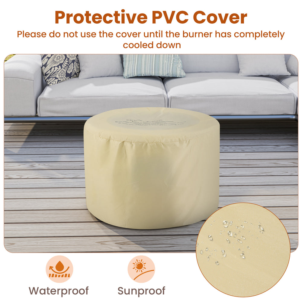 Round protective PVC cover for terrazzo propane gas fire pit, waterproof and sunproof, designed for outdoor use.