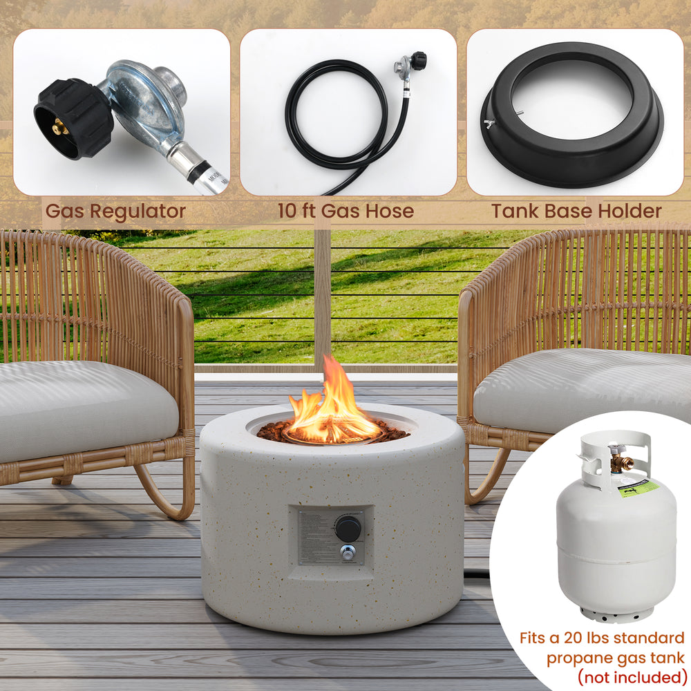 Round terrazzo propane gas fire pit with lava rocks, featuring a stainless steel burner and stylish white design for.