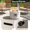 25.5” round terrazzo propane fire pit with adjustable flame, cut-out handles, and included lava rocks for outdoor.