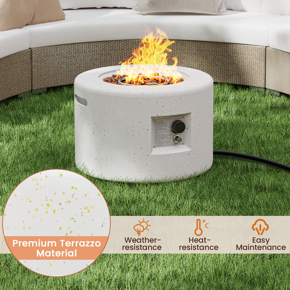 Round terrazzo propane gas fire pit with lava rocks, featuring weather-resistant material and adjustable flame control.