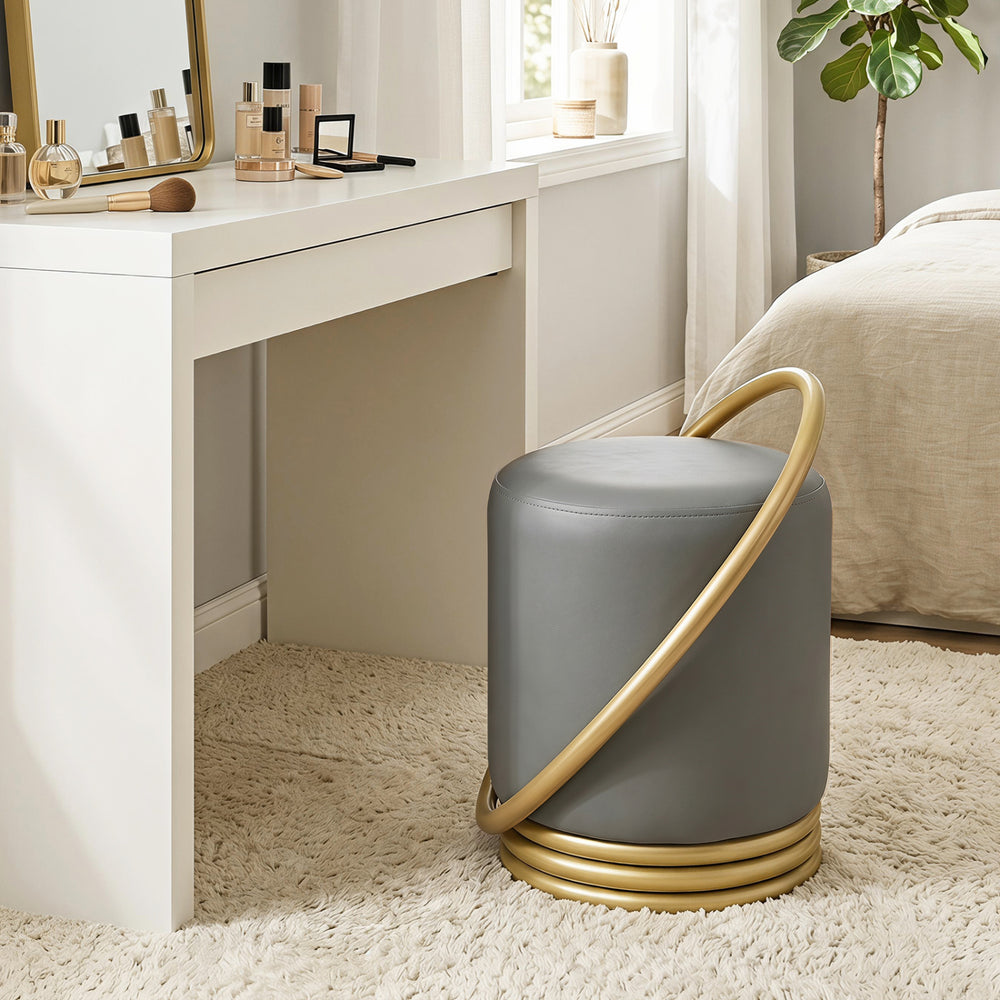 Round Vanity Stool Faux Leather Makeup Chair with Gold Halo Design-Grey - Gallery View 1 of 10