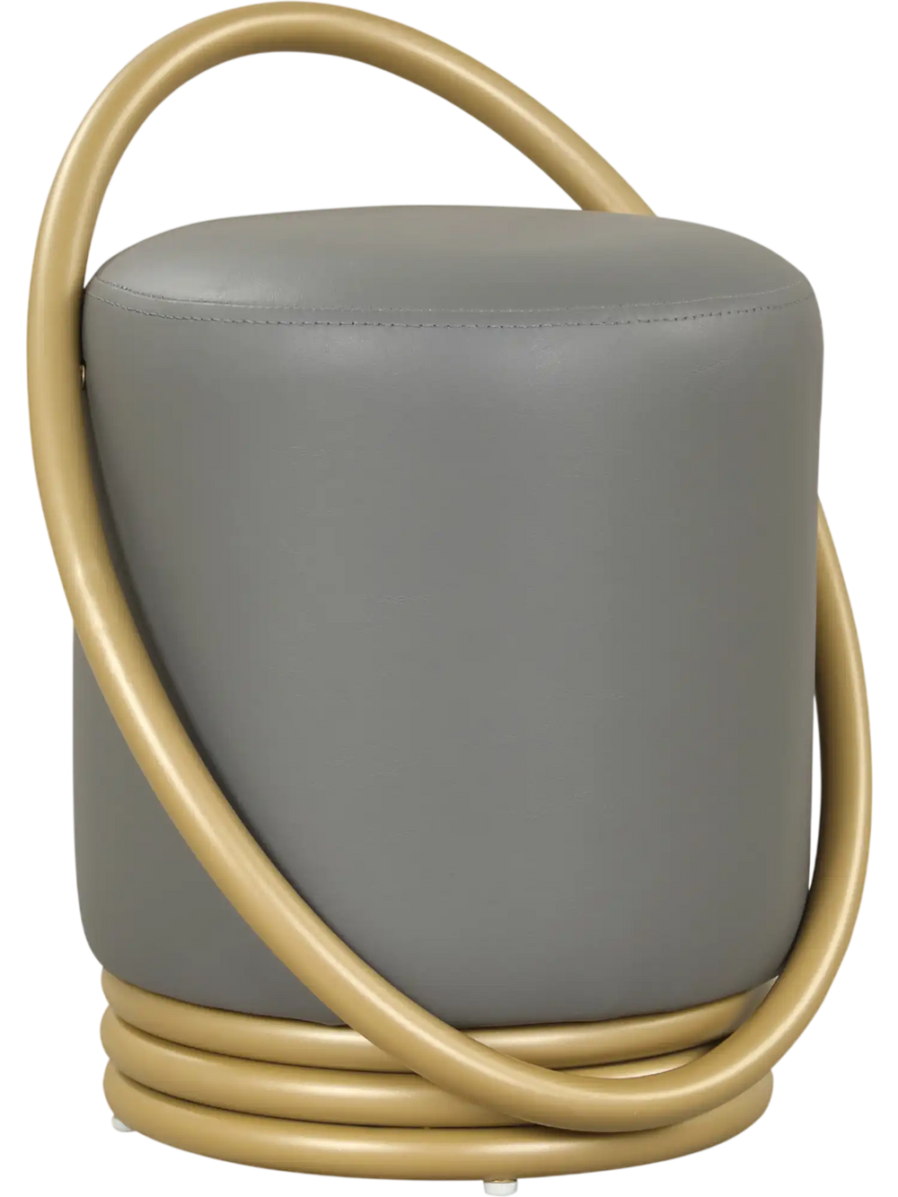 Round grey vanity stool with gold halo design, upholstered faux leather, and adjustable foot pads for versatile use.