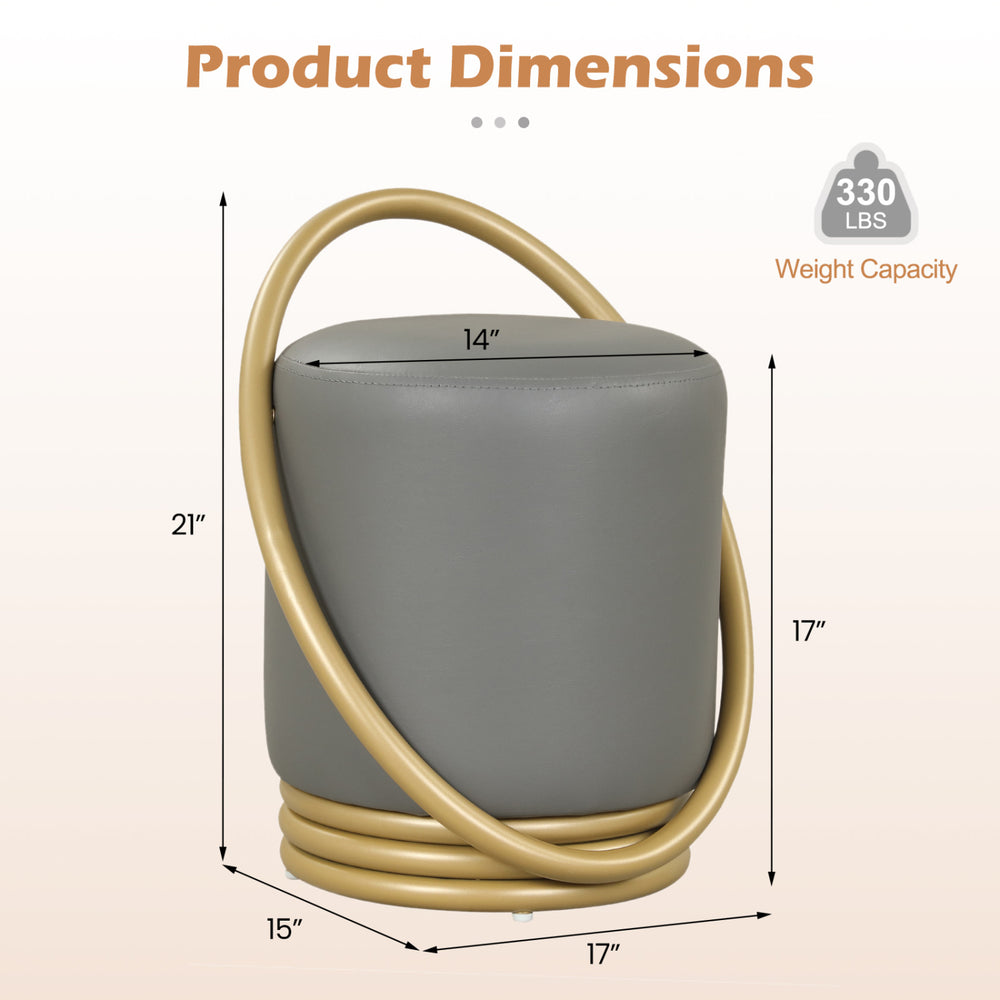 Round vanity stool in grey faux leather with gold halo design, featuring a 330 lbs weight capacity and adjustable foot pads.