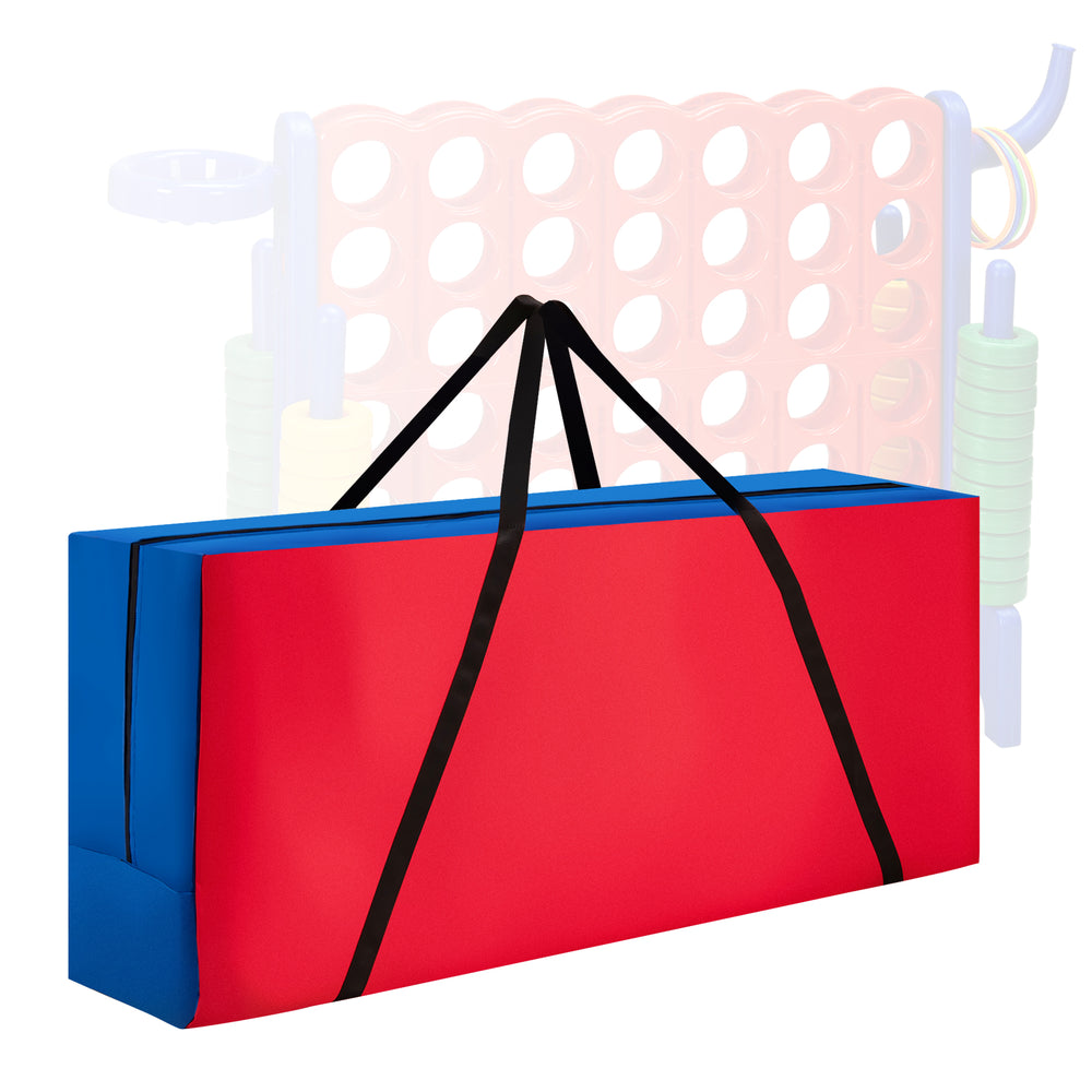 Red and blue carrying bag for Giant 4-in-A-Row game set, made of durable Oxford cloth with ergonomic handles for easy.