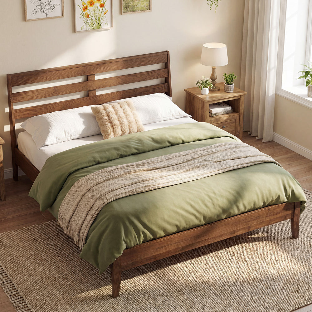 Queen Size Wood Platform Bed Frame with Slat Headboard - Gallery View 1 of 9