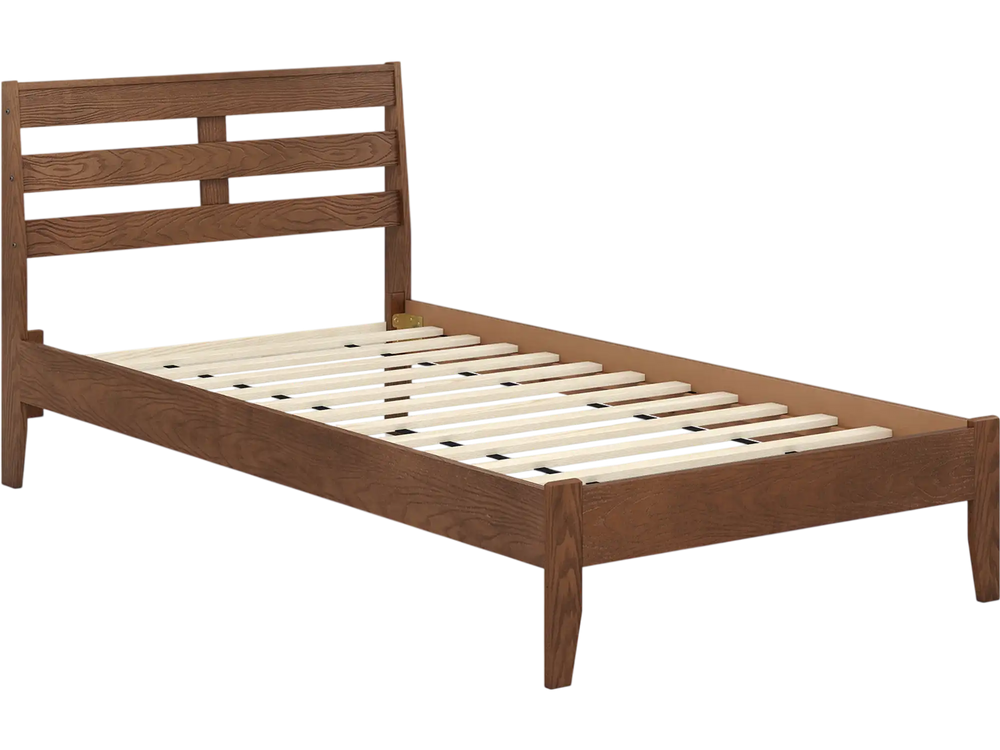 Twin size wood platform bed frame with slat headboard, natural rubber wood, sturdy slats, ideal for bedroom storage.