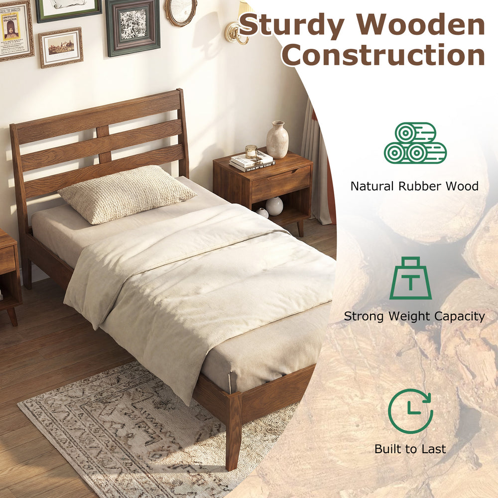 Twin size wood platform bed frame with slat headboard, made of natural rubber wood, offers strong support and retro.
