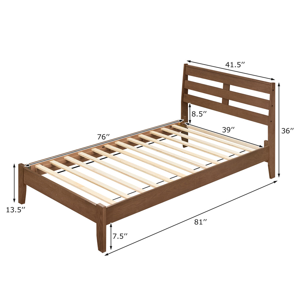 Twin size wood platform bed frame with slat headboard, natural rubber wood, sturdy slats, and ample under-bed storage.