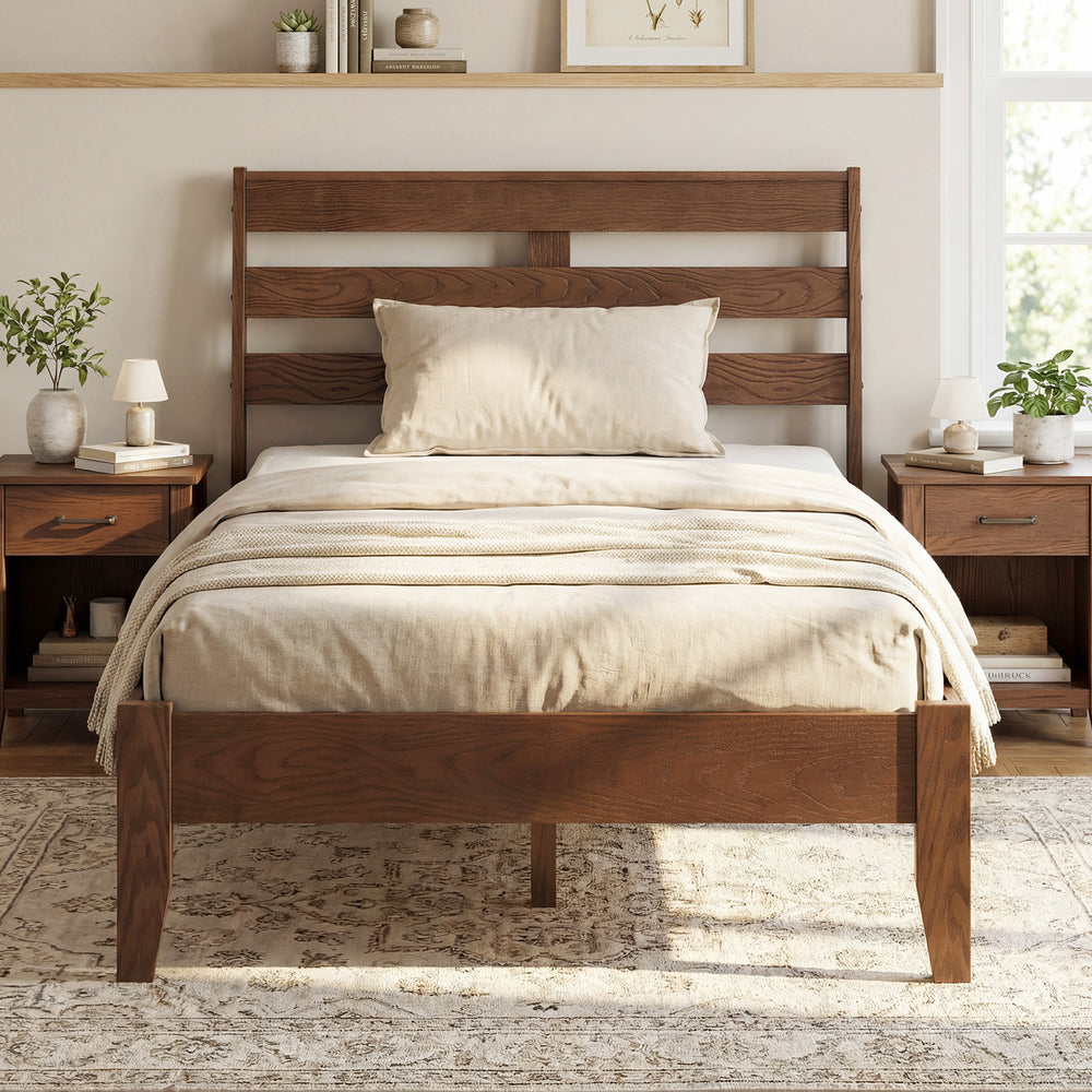 Twin size wood platform bed frame with slat headboard, featuring natural rubber wood and ample under-bed storage.