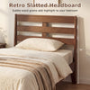Twin size wood platform bed frame with retro slatted headboard, featuring natural rubber wood and ample under-bed.