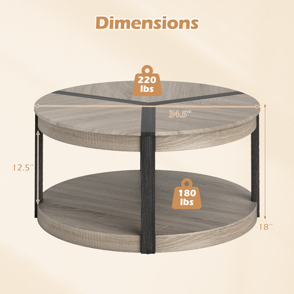 34.5" round center table in gray with rubber wood frame, featuring a spacious tabletop and lower storage shelf.
